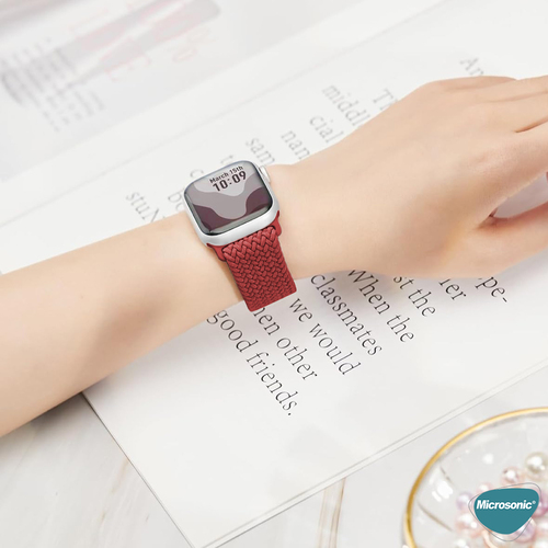 Microsonic Apple Watch SE 340mm Kordon, (Medium Size, 147mm) Knitted Fabric Single Loop Kırmızı