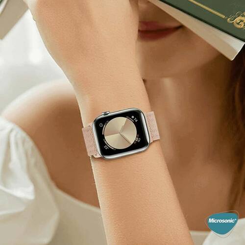 Microsonic Apple Watch SE 3 40mm Kordon, (Small Size, 127mm) Knitted Fabric Single Loop Pembe