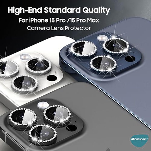 Microsonic Apple iPhone 15 Pro Tekli Diamond Taşlı Kamera Koruma Camı Beyaz