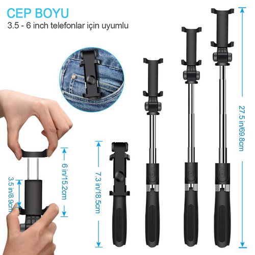 Microsonic Kumandalı Bluetooth Tripod ve Selfie Stick Siyah