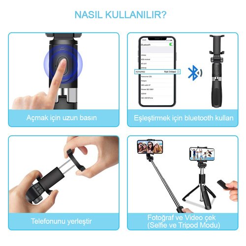 Microsonic Kumandalı Bluetooth Tripod ve Selfie Stick Siyah