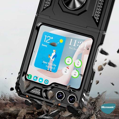 Microsonic Samsung Galaxy Z Flip 7 FE Kılıf Military Ring Holder Siyah