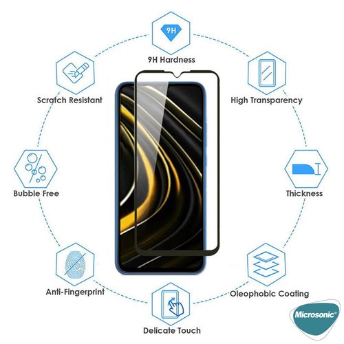 Microsonic Xiaomi Poco M3 Tam Kaplayan Temperli Cam Ekran Koruyucu Siyah