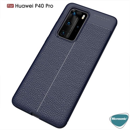 Microsonic Huawei P40 Pro Kılıf Deri Dokulu Silikon Lacivert