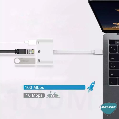 Microsonic Type-C to Ethernet & USB Adapter Kablo, Macbook İOS Typ-C USB, Dişi Typ-C Kablo AdaptörBeyaz