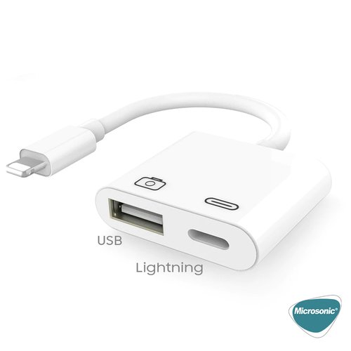 Microsonic Lightning to USB & Lightning Kablo, iPhone USB Okuyucu ve Dişi 8Pin İOS Kablo Adaptör Beyaz