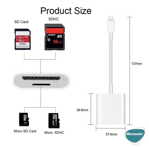 Microsonic Lightning to SD Card Camera Reader Kablo, iPhone SD, Mikro Sd Kart Okuyucu Kablo, Adaptör Beyaz