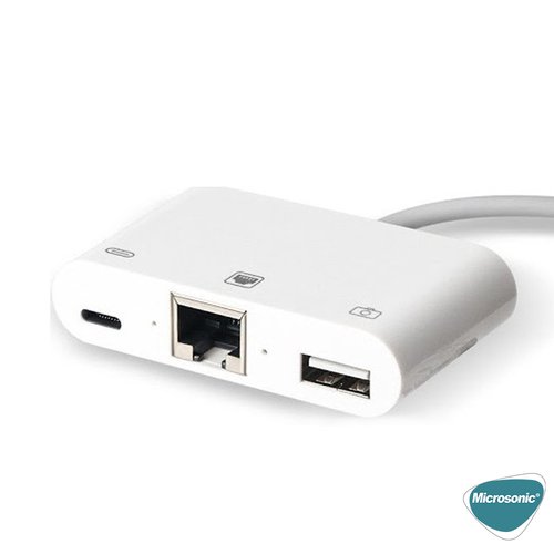 Microsonic Lightning to Ethernet & USB Adapter Kablo, iPhone, iPad USB, Ethernet Dönüştürücü Adaptör Beyaz