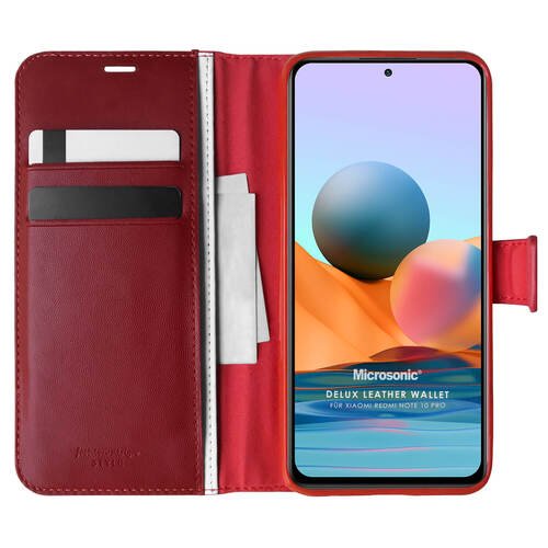 Microsonic Xiaomi Redmi Note 10 Pro Max Kılıf Delux Leather Wallet Kırmızı