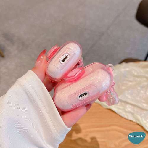 Microsonic Airpods Pro 3 Kılıf Simli Parıltılı Kalp Desenli Pembe
