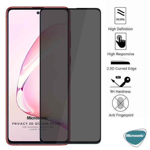 Microsonic Samsung Galaxy Note 10 Lite Privacy 5D Gizlilik Filtreli Cam Ekran Koruyucu Siyah