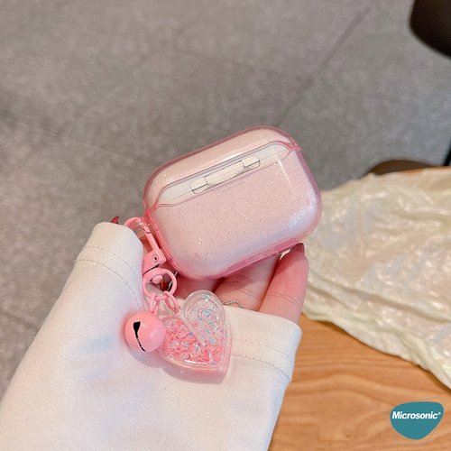 Microsonic Airpods 4.Nesil / ANC Kılıf Simli Parıltılı Kalp Desenli Pembe