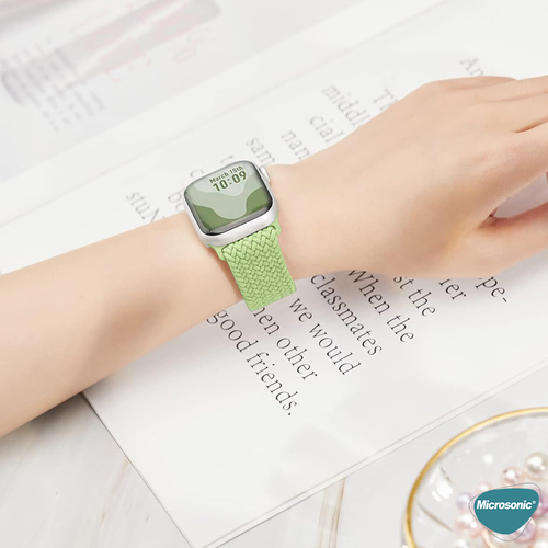 Microsonic Apple Watch Series 11 46mm Kordon, (Small Size, 127mm) Knitted Fabric Single Loop Açık Yeşil