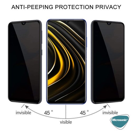 Microsonic Xiaomi Poco M3 Privacy 5D Gizlilik Filtreli Cam Ekran Koruyucu Siyah