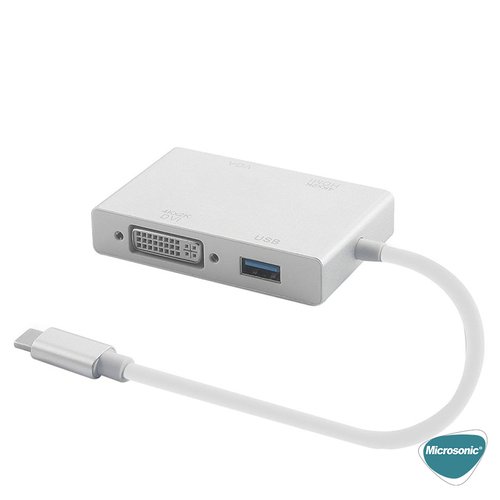 Microsonic Type-C to VGA DVI HDMI USB Adapter 4 in 1 Type-C Dönüştürücü Adaptör Kablo Gri