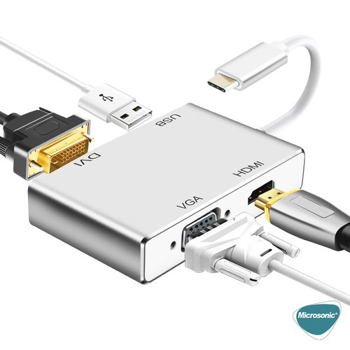 Microsonic Type-C to VGA DVI HDMI USB Adapter 4 in 1 Type-C Dönüştürücü Adaptör Kablo Gri