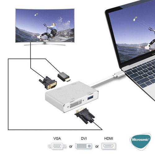 Microsonic Type-C to VGA DVI HDMI USB Adapter 4 in 1 Type-C Dönüştürücü Adaptör Kablo Gri