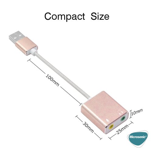 Microsonic USB Sound Card Kablo, USB to 3.5mm Kulaklık ve Mikrofon Çevirici Adaptör Rose Gold