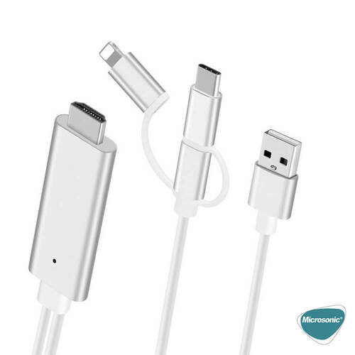 Microsonic 3 in 1 HDTV Kablo, HDMI to USB, Lightning, Micro USB, Type-C Dönüştücü Kablo Gri