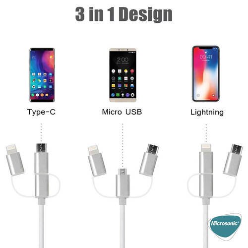 Microsonic 3 in 1 HDTV Kablo, HDMI to USB, Lightning, Micro USB, Type-C Dönüştücü Kablo Gri