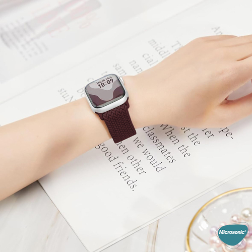 Microsonic Apple Watch Series 11 42mm Kordon, (Small Size, 127mm) Knitted Fabric Single Loop Koyu Bordo