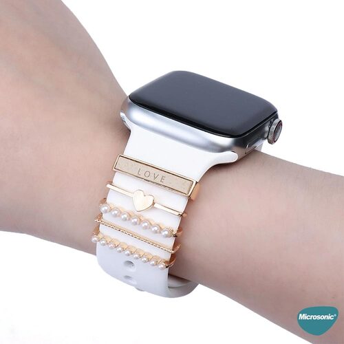 Microsonic Apple Watch SE 3 40mm Kordon Süsü Charm İnci Kalp Rose Gold