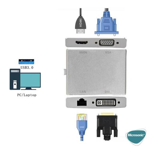 Microsonic USB 3.0 to VGA HDMI LAN DVI Adapter 4 in 1 USB Dönüştürücü Adaptör Kablo Gri