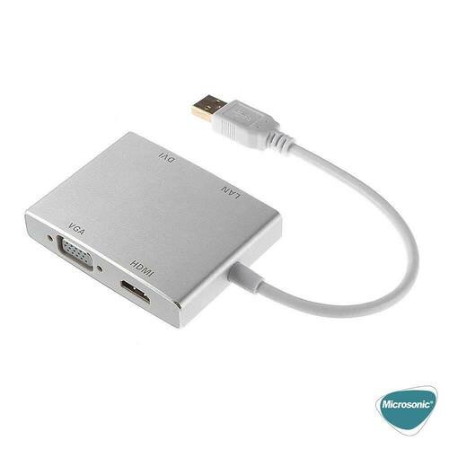 Microsonic USB 3.0 to VGA HDMI LAN DVI Adapter 4 in 1 USB Dönüştürücü Adaptör Kablo Gri