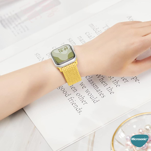 Microsonic Apple Watch SE 3 44mm Kordon, (Large Size, 160mm) Knitted Fabric Single Loop Sarı