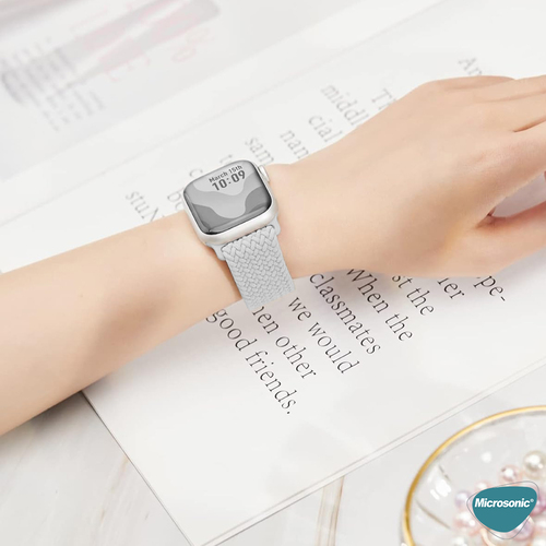Microsonic Apple Watch SE 3 44mm Kordon, (Medium Size, 147mm) Knitted Fabric Single Loop Beyaz