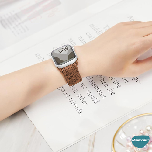 Microsonic Apple Watch SE 3 44mm Kordon, (Small Size, 127mm) Knitted Fabric Single Loop Kahverengi