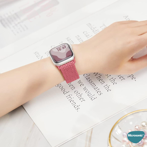Microsonic Apple Watch SE 3 44mm Kordon, (Medium Size, 147mm) Knitted Fabric Single Loop Pembe