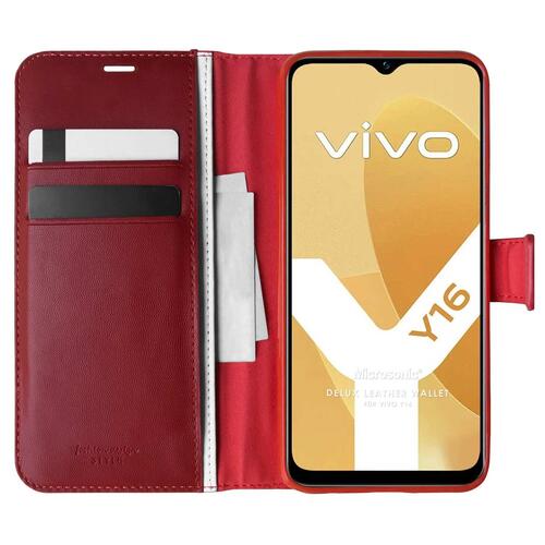 Microsonic Vivo Y16 Kılıf Delux Leather Wallet Kırmızı