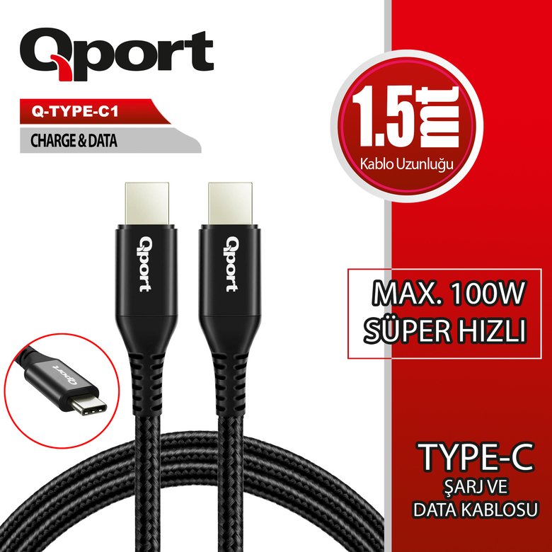 Qport Q-Type-C1 1.5M Type-C 100W Super Hızlı Pd Sarj Ve Data Kablosu