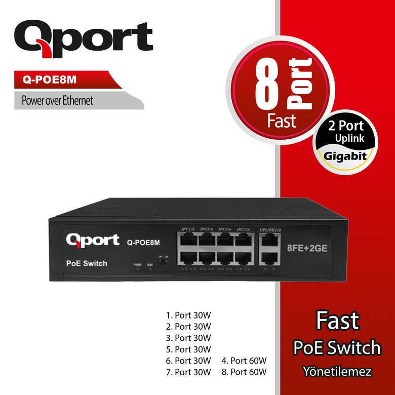 Qport Q-Poe8M 8 Port 10/100 + 2 Port 10/100/1000 Uplınk Poe Swıtch