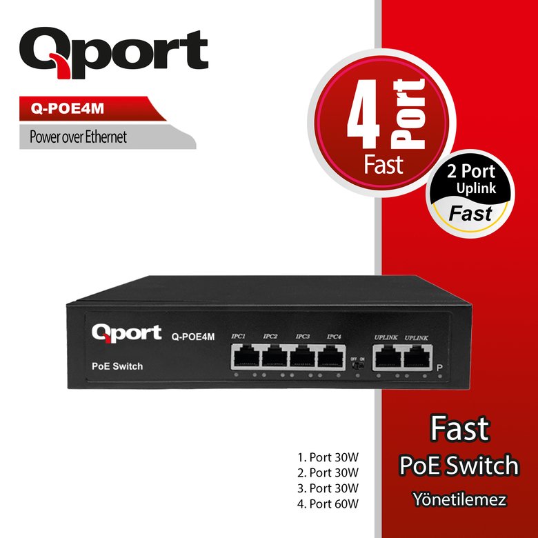 Qport Q-Poe4M 4 Port 10/100 + 2 Port 10/100 Uplınk Poe Swıtch