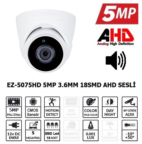 Ezcool Ez-5075Hd 5Mp 3.6Mm Smd Ahd Sesli Dome Kamera