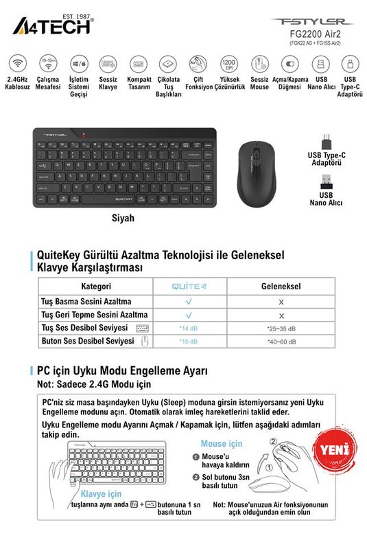 A4 Tech Fg2200 Aır2 2.4 Siyah Qmini Fn-Mm Kablosuz Sessiz Set