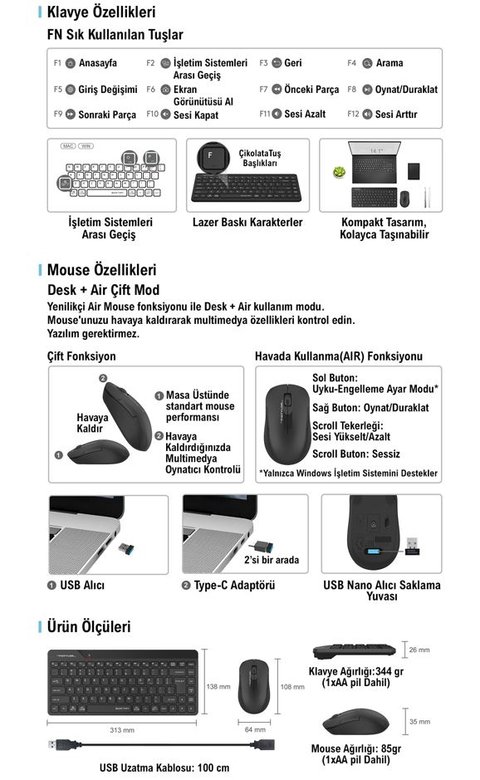 A4 Tech Fg2200 Aır2 2.4 Siyah Qmini Fn-Mm Kablosuz Sessiz Set