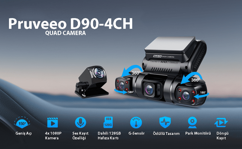 Pruveeo D90-4Ch Fhd WiFi Gps + 128Gb Sd Kart Kame