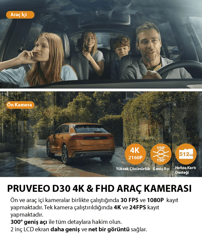 Pruveeo D30 WiFi 4K Arac Kamerası
