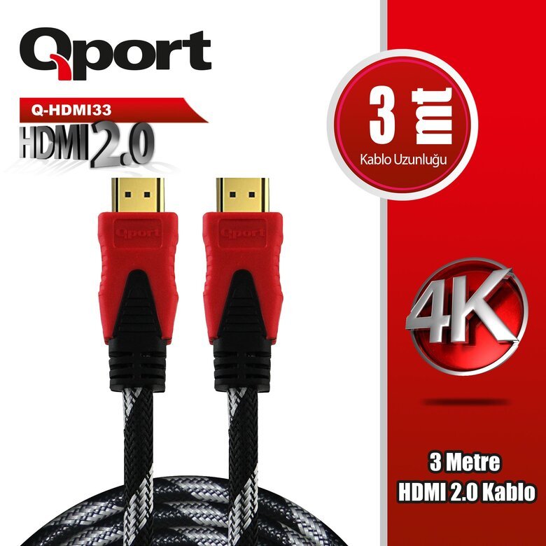 Qport Q-Hdmı33 3 Metre 2.0V 4K  Altın Uçlu Örgülü Kablo