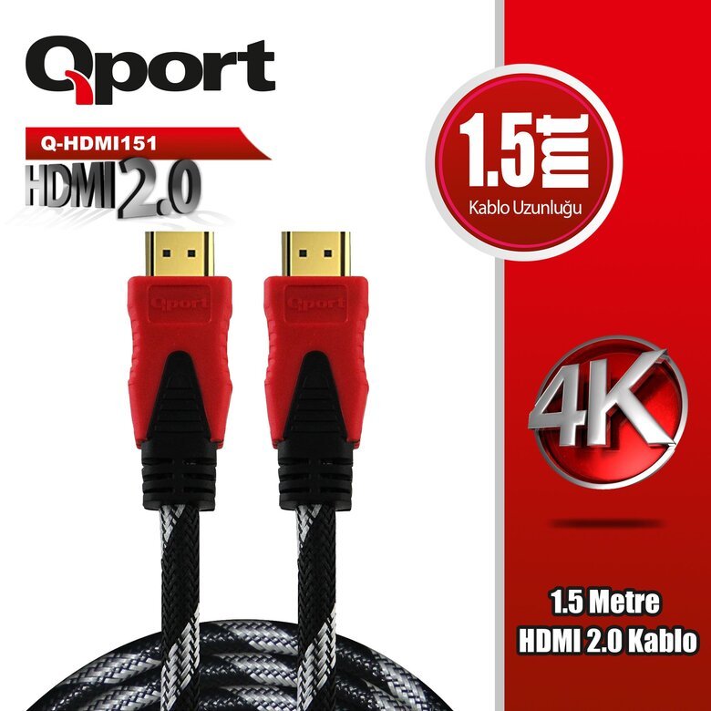 Qport Q-Hdmı151 1.5 Metre 2.0V 4K  Altın Uçlu Örgülü Kablo