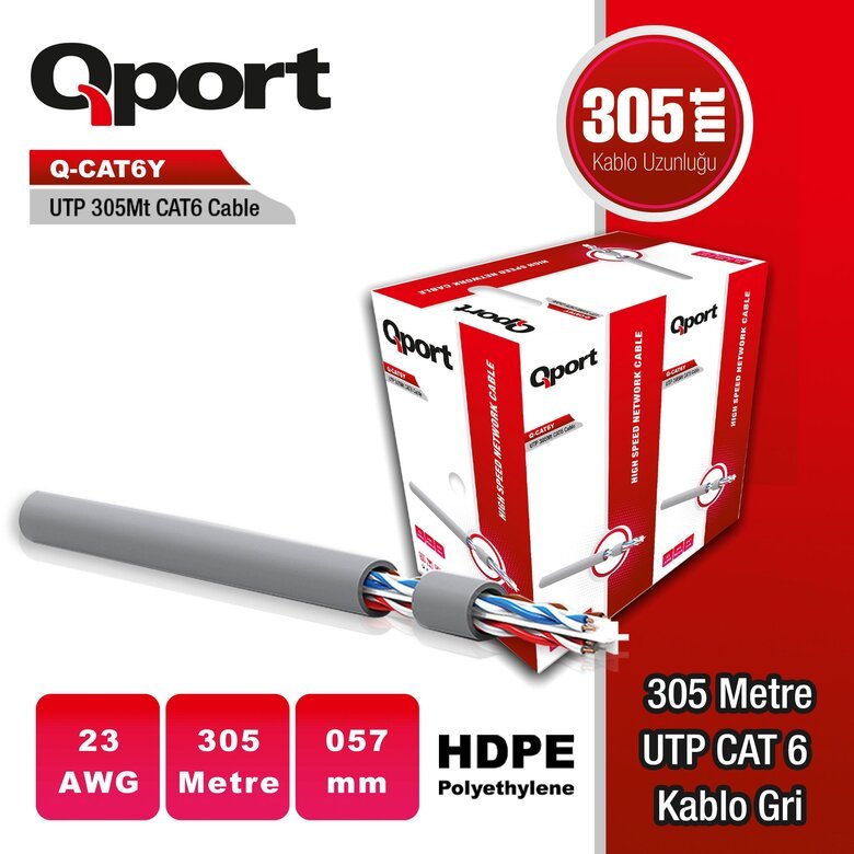 Qport Q-Cat6Y 305 Metre 23Awg Grı Cat6 Utp Pe Kablo