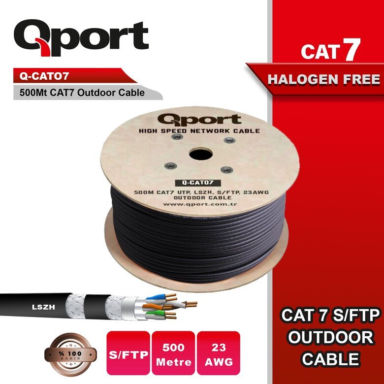 Qport Q-Cato7 500M Cat7 Lsoh S/Ftp Full Bakır 23Awg Siyah Halogen Free Kablo