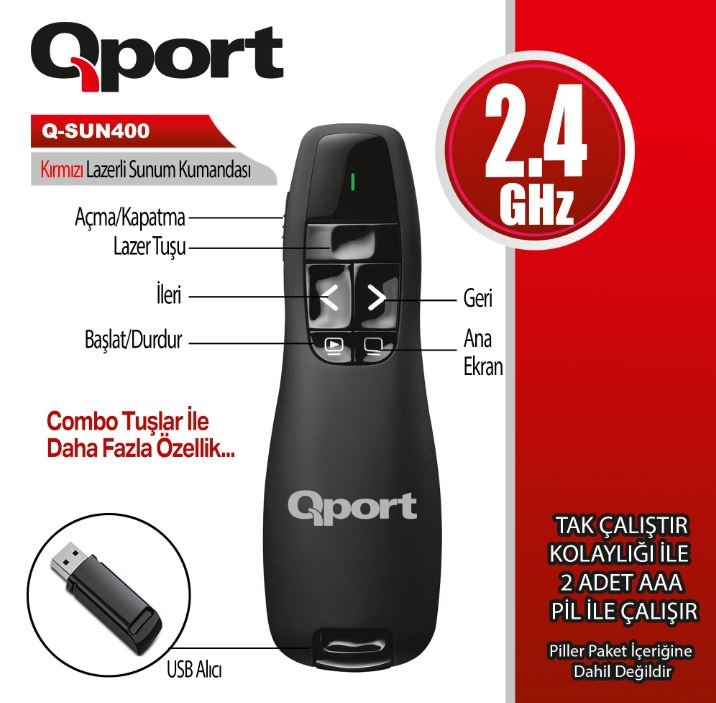 Qport Q-Sun400 2.4 Ghz Usb Kırmızı Lazerli Sunum Kumandası - Presenter