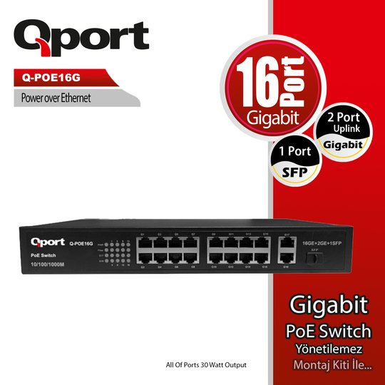 Qport Q-Poe16G 16 Port Gıgabıt + 2 Port Gıgabıt Up