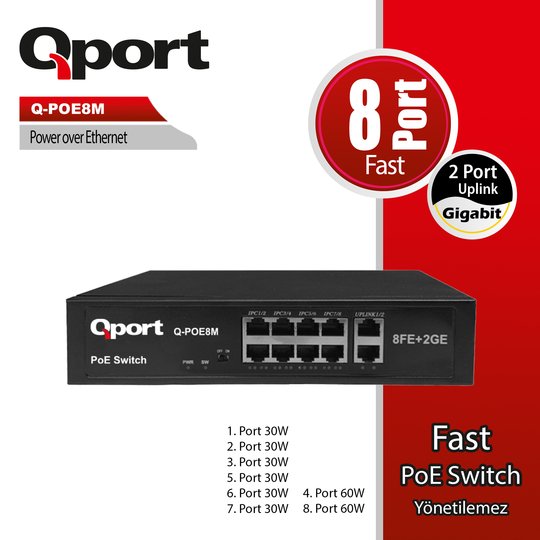 Qport Q-Poe8M 8 Port 10/100 + 2 Port 10/100/1000 Uplınk Poe Swıtch