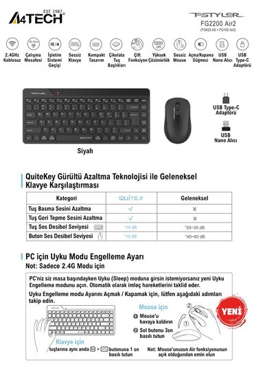 A4 Tech Fg2200 Aır2 2.4 Siyah Qmini Fn-Mm Kablosuz Sessiz Set