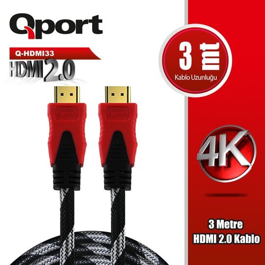 Qport Q-Hdmı33 3 Metre 2.0V 4K  Altın Uçlu Örgülü Kablo